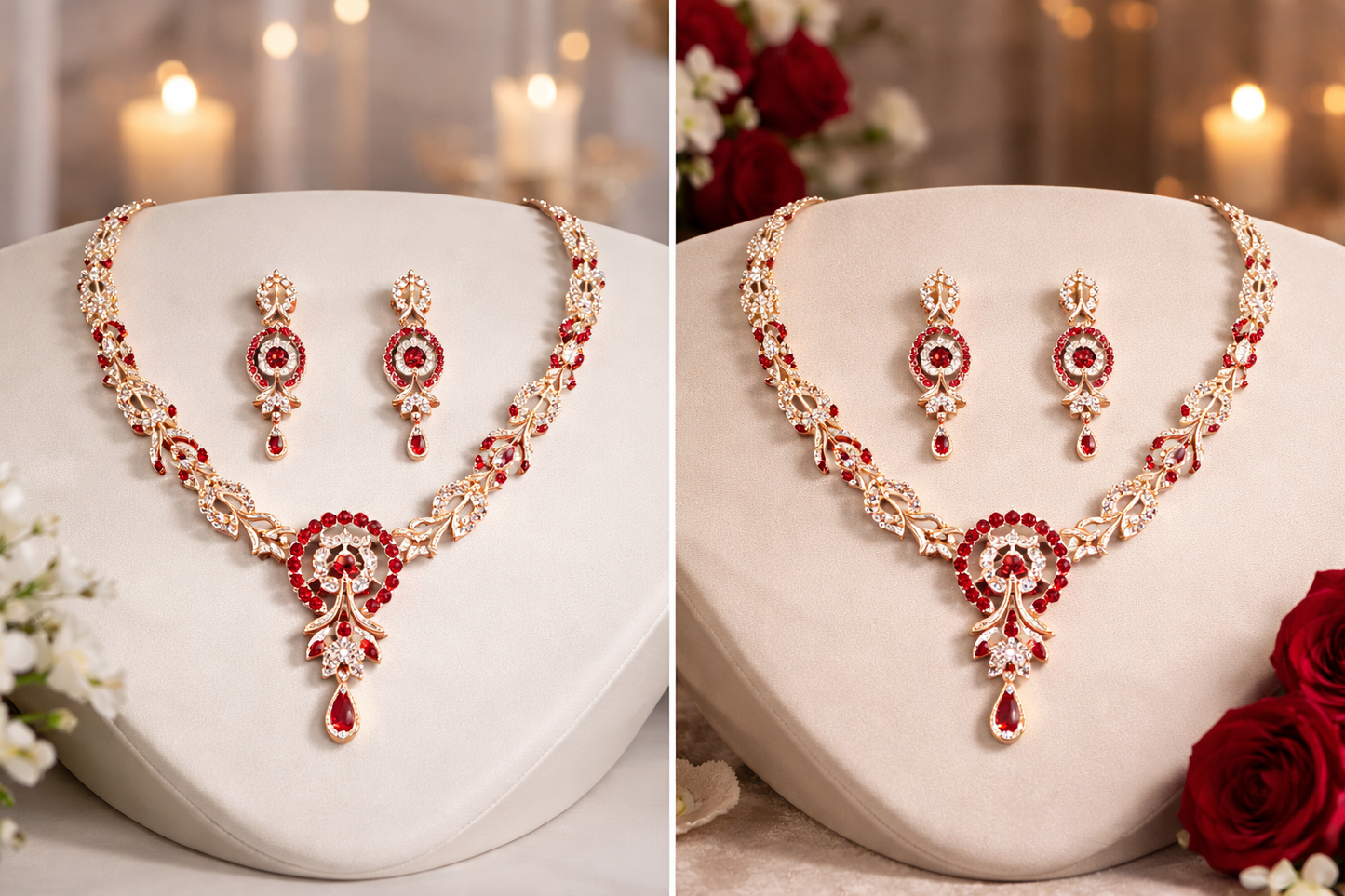 Red & White Diamond Necklace with Earring Set