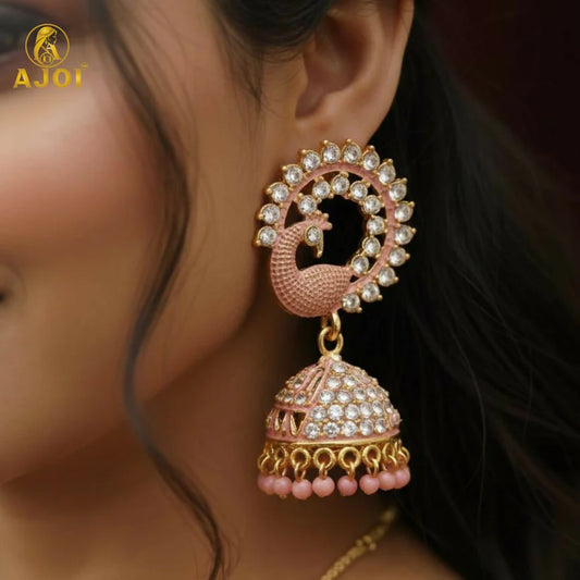 Peach Sparkle Peacock Stone Jhumka Earrings