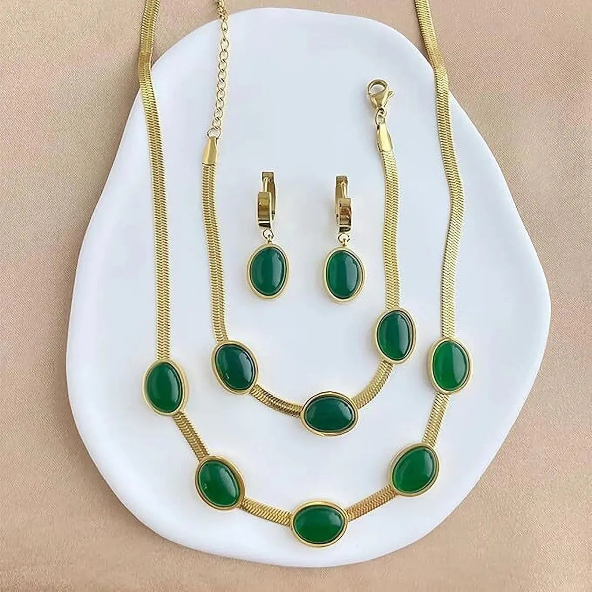 Oval Green Crystal Pendant Necklace Set With Bracelet nysm88-hb