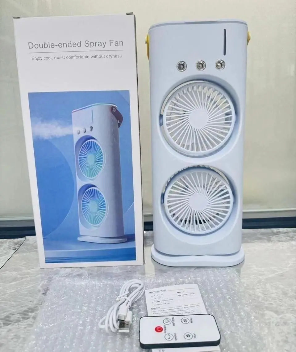 Double Ended Spray Fan – Portable Mini Air Cooler with Mist Spray & USB Rechargeable Cooling Fan