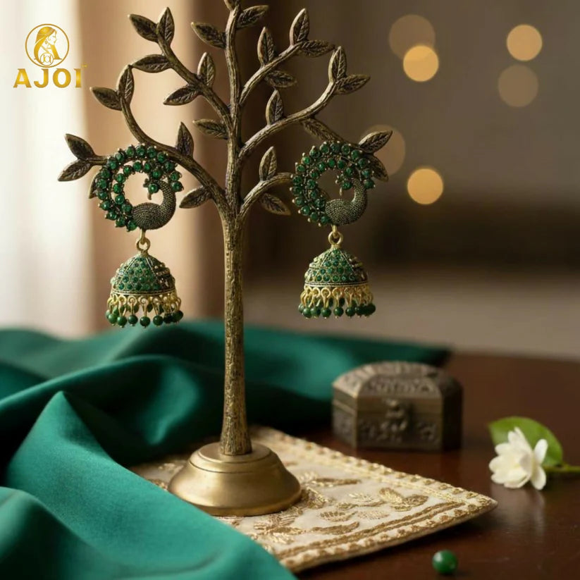 Traditional Peacock Design Green Stone Jhumka Earrings