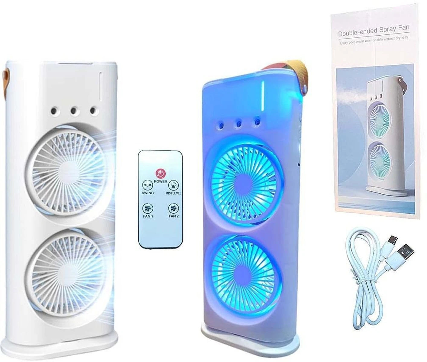 Double Ended Spray Fan – Portable Mini Air Cooler with Mist Spray & USB Rechargeable Cooling Fan