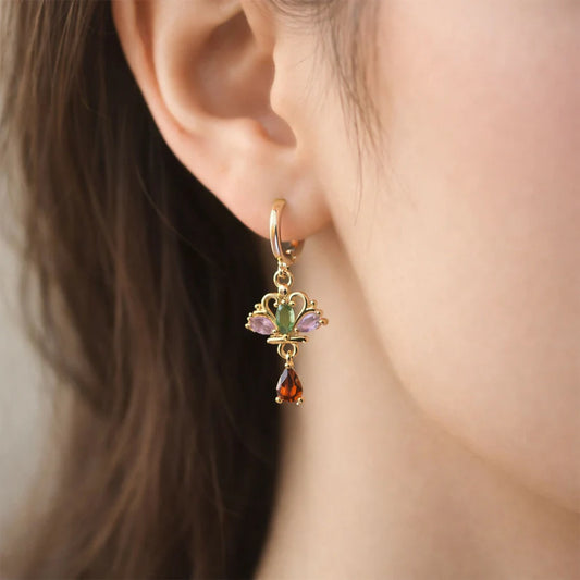 Royal Crown-Inspired Multicolor Crystal Dangle Earrings with Gold Hoop