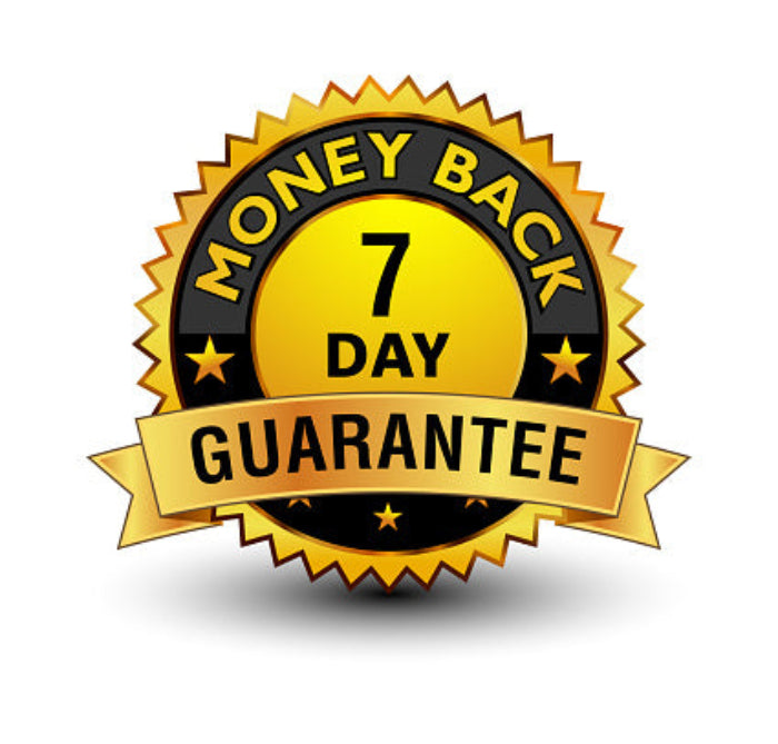 Gold and black 'Money Back 7 Day Guarantee' badge on a white background