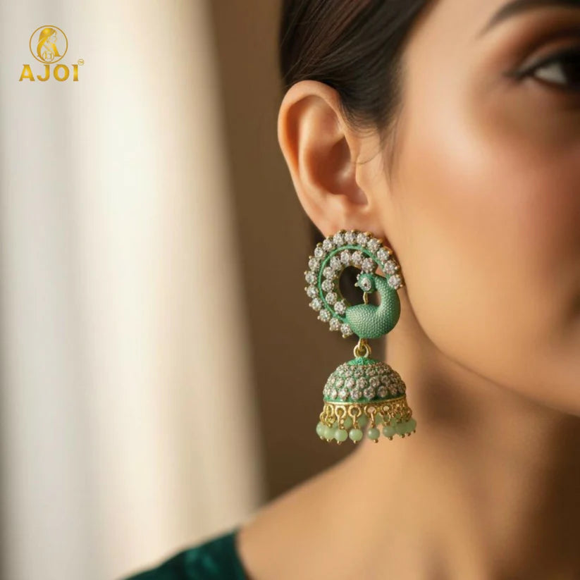 Mint Green Peacock Stone Jhumka Earrings