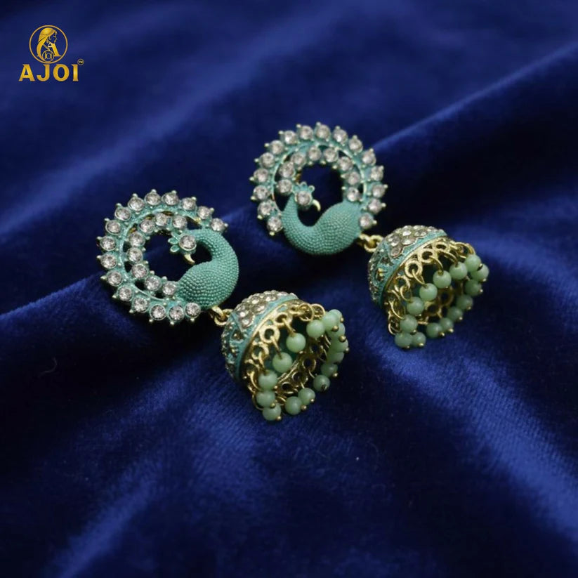 Mint Green Peacock Stone Jhumka Earrings