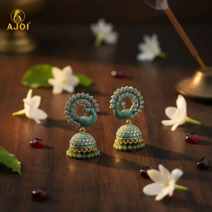 Mint Green Peacock Stone Jhumka Earrings