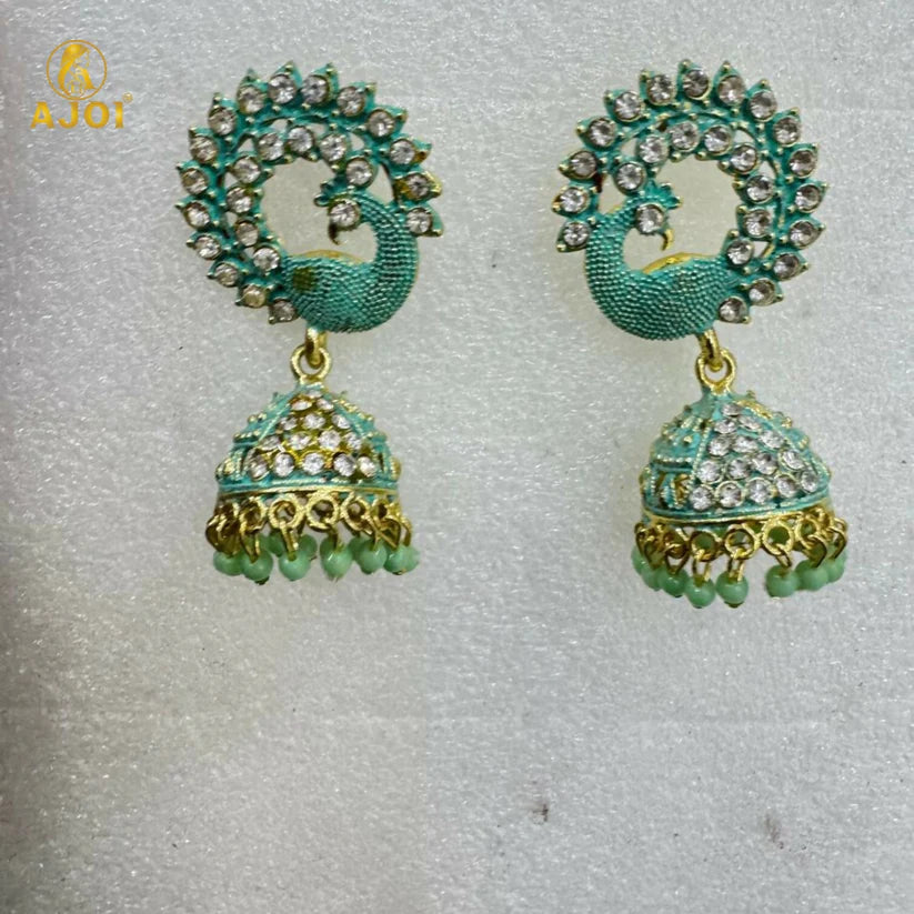 Mint Green Peacock Stone Jhumka Earrings