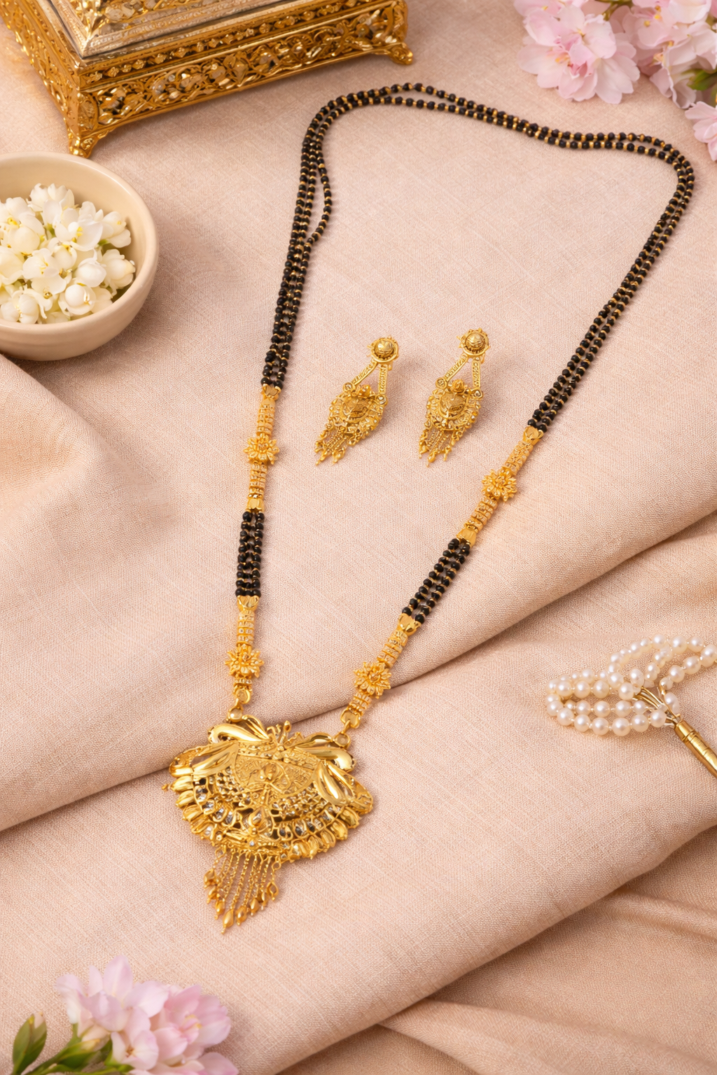 Elegant Traditional Mangalsutra Set with Grand Pendant & Matching Earrings