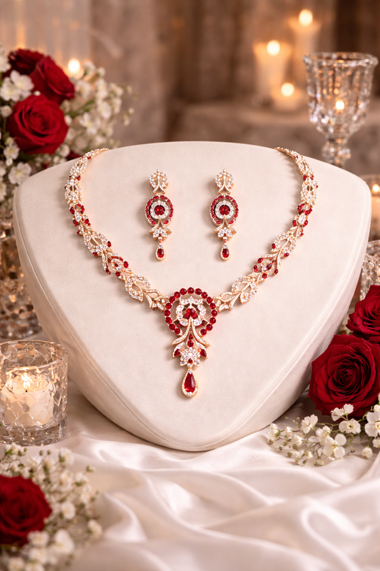 Red & White Diamond Necklace with Earring Set